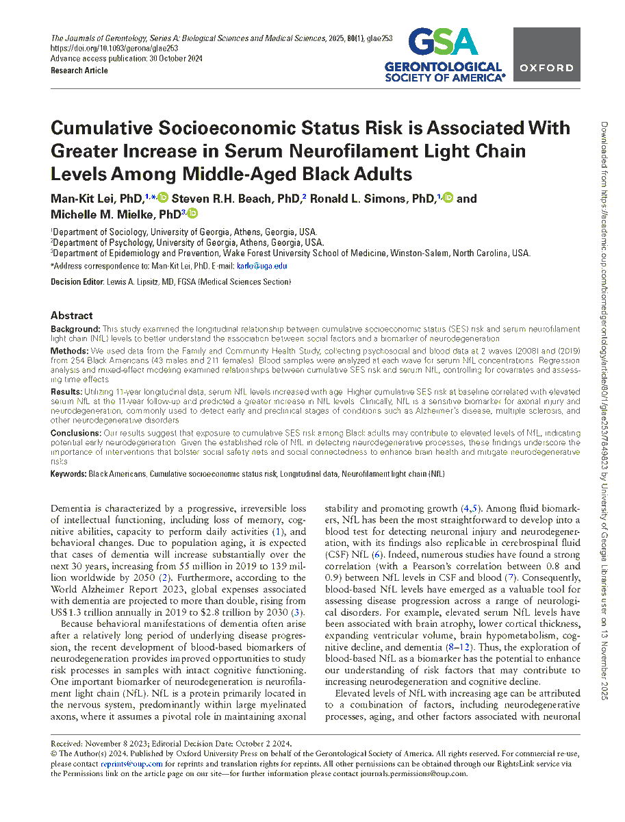 SociologyUga's tweet photo. Congratulations to Karlo Lei and Ron Simons for their article “Cumulative Socioeconomic Status Risk is Associated with Greater Increase in Serum Neurofilament Light Chain Levels Among Middle-Aged Black Adults” being named 2025 Editor's Choice in The Journals of Gerontology https://t.co/qNobcaJyW8