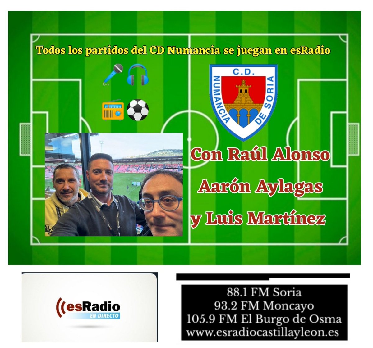 soriaesradio's tweet photo. ¡SEGUIM⚽S! 
🎤🎧⚽
📻 88.1 FM (Soria) // 93.2 FM (Moncayo) // 105.9 FM (El Burgo de Osma) 
📱🖥️ https://t.co/LdRp61pn1d
📅 16 de noviembre 
⏱️ 16:30 horas
⚽ @cdnumancia - @CoruxoFCoficial
🎤 Raúl Alonso, Aarón Aylagas y @MargonluLuis https://t.co/032flBlpW1
