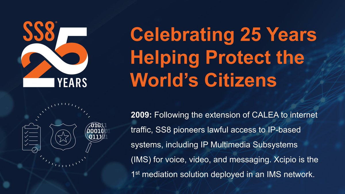 🚨 SS8 is 25! In 2009 we achieved a major milestone with the 1st mediation solution for IP-based communications, helping support the adoption of packet-switched networks. Read more in our anniversary blog! hubs.la/Q03T1_010 

#25thanniversary #police #intelligence #telecoms