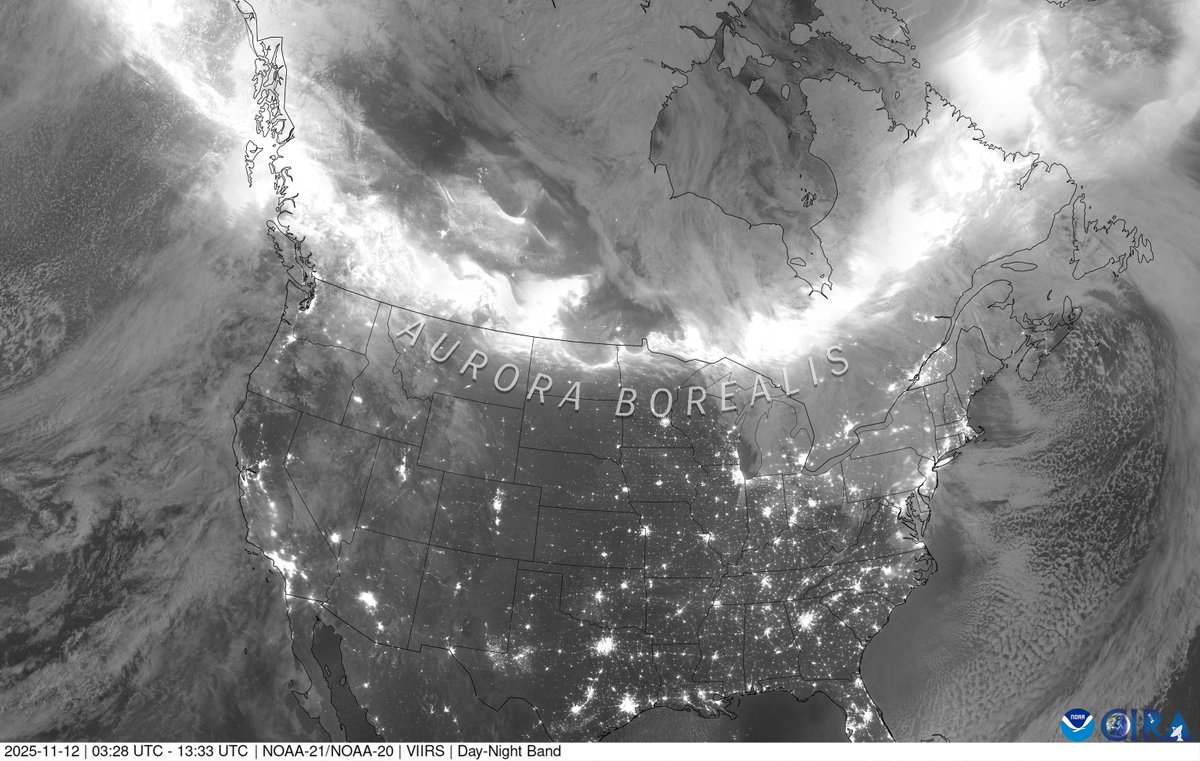 NOAASatellites's tweet image. We&apos;re back, and so are the #NorthernLights! 🌌
@NOAA&apos;s @JPSSprogram polar-orbiting satellites captured this dazzling #aurora composite imagery of North America from Nov. 11-12. 

Did you see them from the ground? 
If so, we&apos;d love to see your photos! 📸