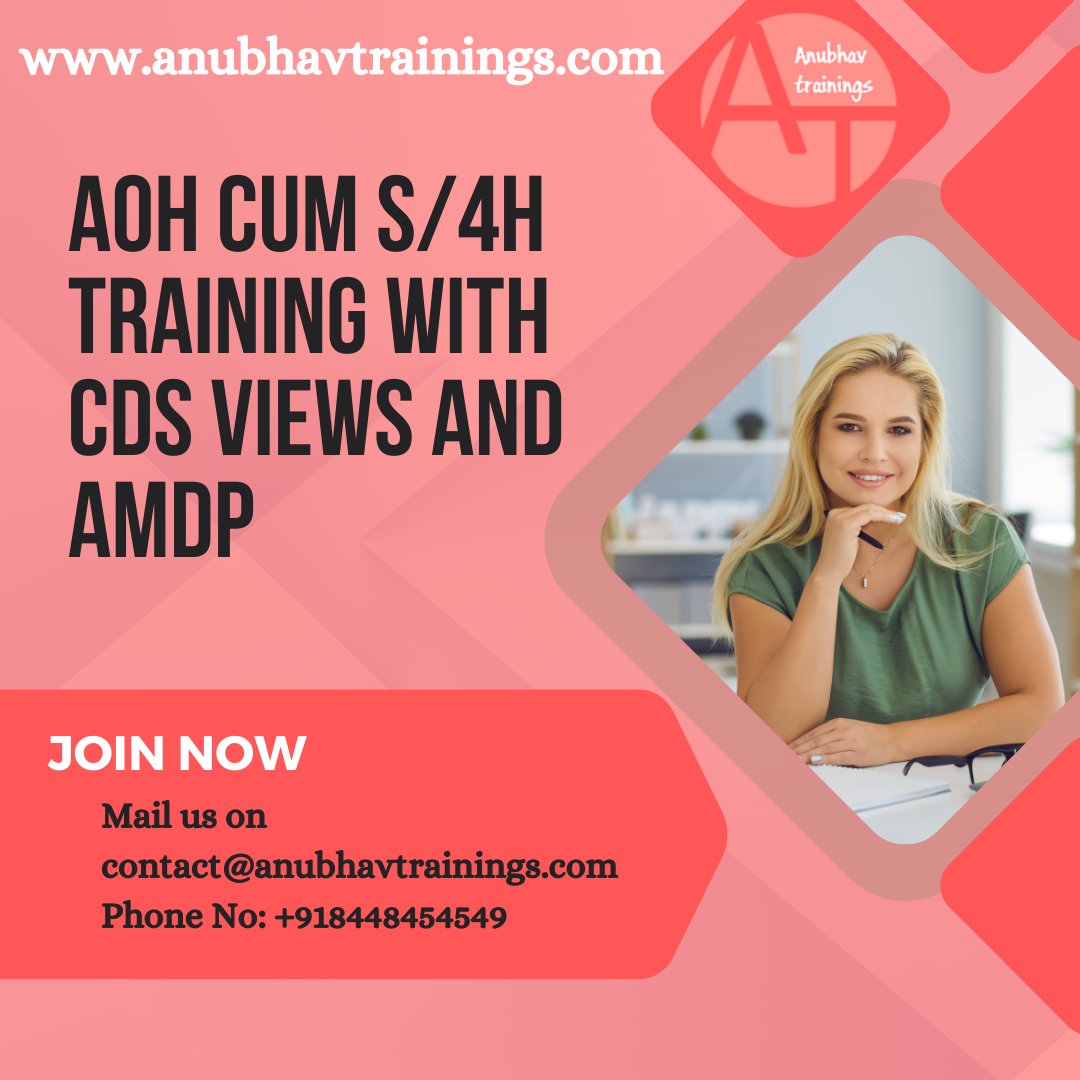 Awasthi1Vedika's tweet image. 🌟 Join Anubhav Training Today: ABAP on HANA (AOH)
#abap #anubhavtrainings #onlinetraining #s4hanatraining​ #abaponhana #cdsviews
Mail us on contact@anubhavtrainings.com
Website: anubhavtrainings.com