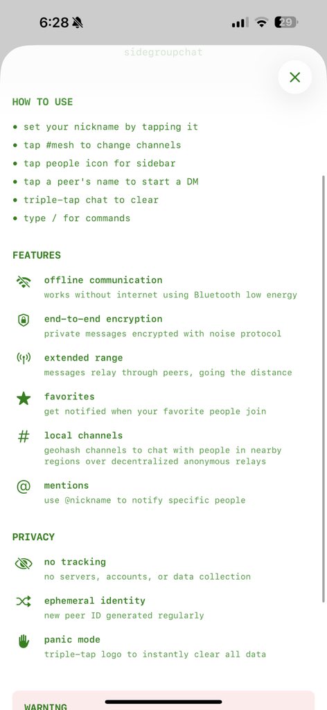 Messagestobe's tweet image. دردشة جماعية جانبية

كيفية الاستخدام

• قم بتعيين لقبك عن طريق النقر عليه

• اضغط على #mesh لتغيير القنوات

• اضغط على أيقونة الأشخاص للشريط الجانبي

• اضغط على اسم النظير لبدء DM

• اضغط ثلاث مرات على الدردشة لمسح

• اكتب / للأوامر

مميزات

= التواصل دون اتصال بالإنترنت