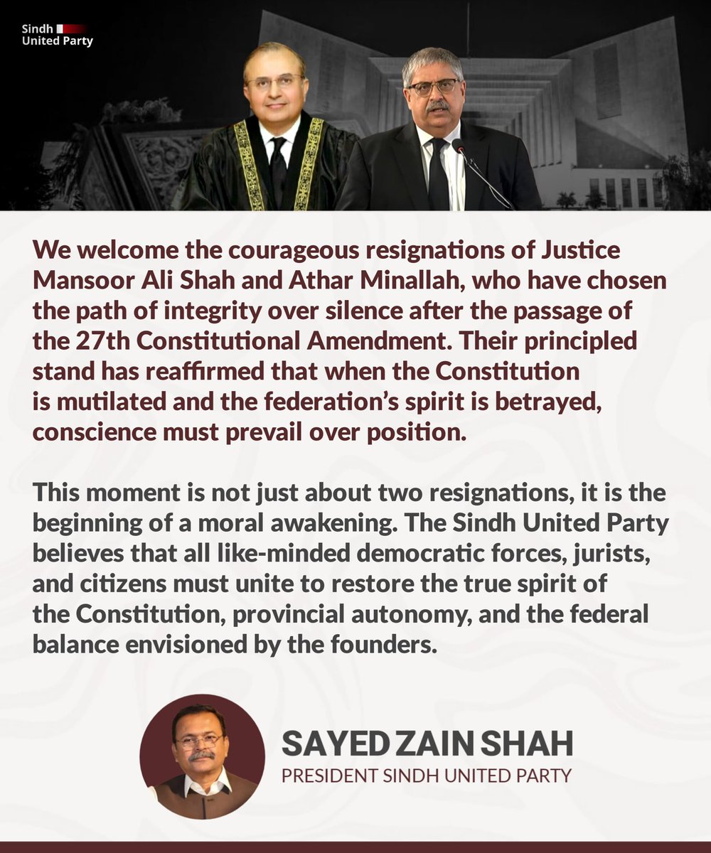 SUP_Sindh's tweet photo. President Sindh United Party Welcomes this stance of senior most justices.
#27thAmendmentRejected https://t.co/z0iS3hXWYX
