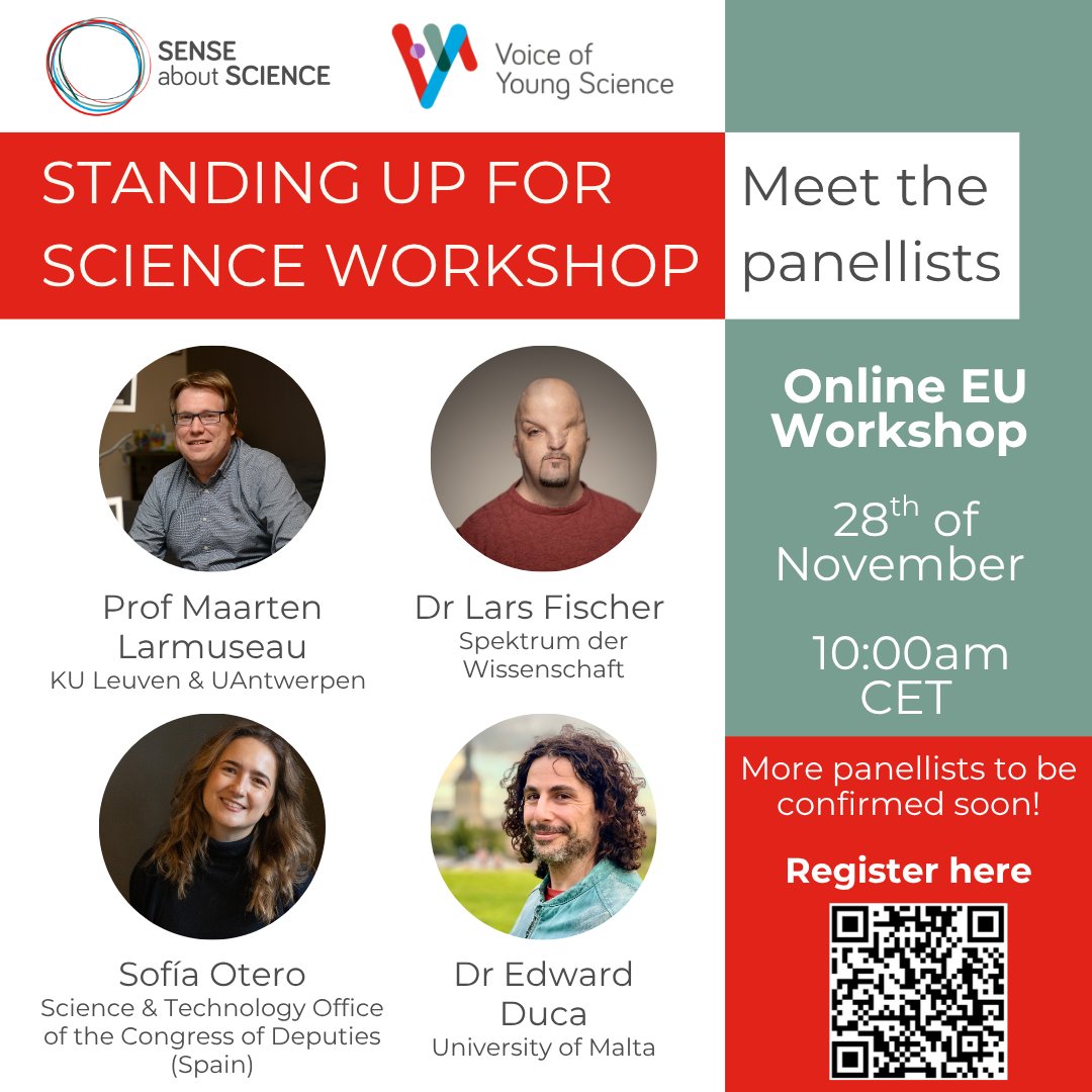 🤝Meet the first confirmed panellists for our Standing up for Science online workshop. This workshop is focused on engaging with policymakers, the media and the public in the EU. More panellists to be confirmed soon! 🌟Join us on Nov 28th! 📌Apply here: senseaboutscience.org/activities/sta…