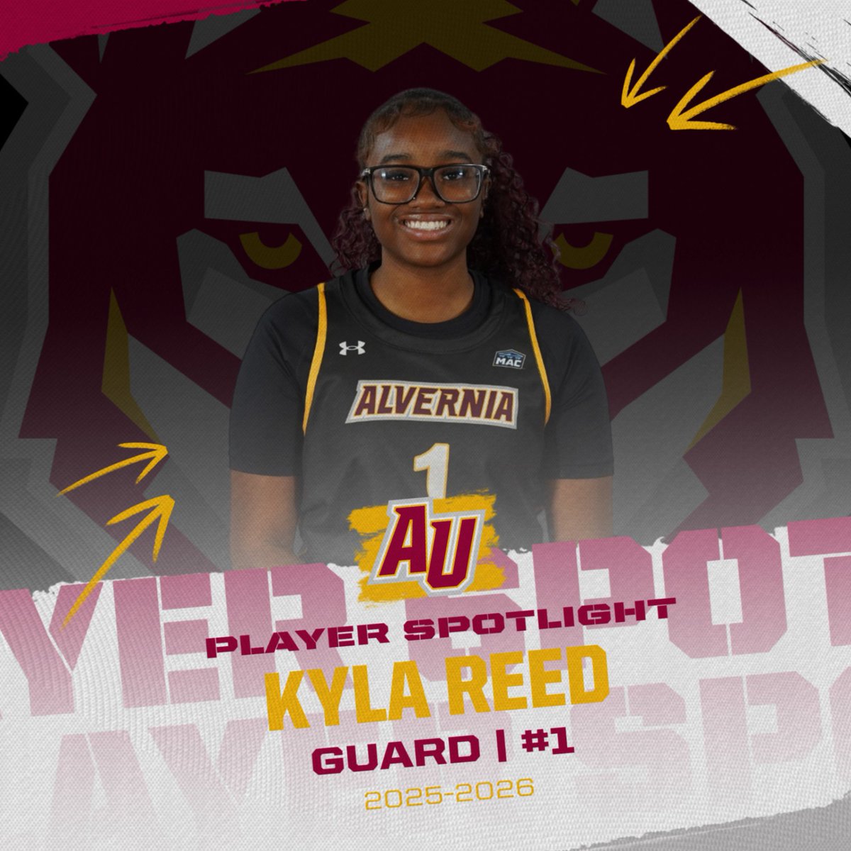 It's time to introduce your Alvernia University Women's Basketball Team. Meet Sophomore #1 Kyla Reed.  Kyla is a 5'2 Guard from Appoquinimink High School in Bear, DE and is majoring in Nursing. #auwbb #goldenwolves #earsup