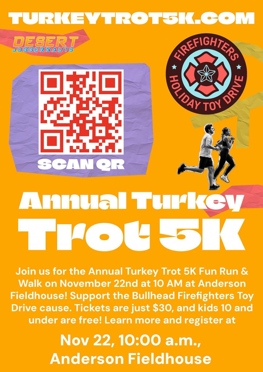 BullheadFire's tweet image. 📷 You Don't Want to Miss This! 📷
Get ready for the Annual Firefighters Holiday Toy Drive Turkey Trot! November 22 at 10:00 a.m. at the Anderson Auto Group Fieldhouse for a fun-filled 5K run &amp;amp; walk that supports a great cause. Bring your friends, family, and holiday spirit!
