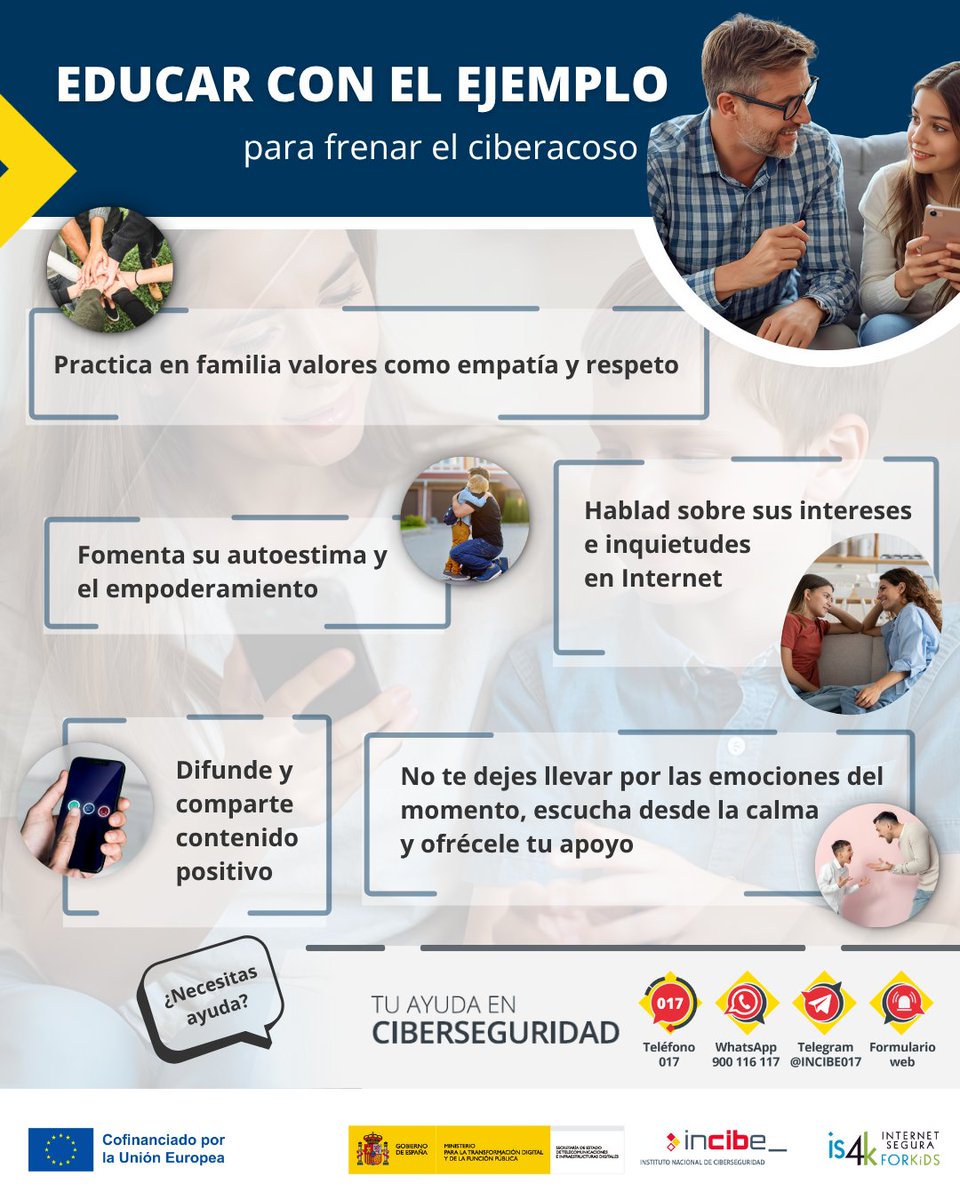 El #Ciberacoso 👾 también se previene desde la familia 👨‍👩‍👧‍👦. Educa con el ejemplo para que tu hijo/a 🧒👧 ni lo haga, ni lo sufra, ni lo consienta 🙅‍♂️. 

🔗 incibe.es/menores/temati…

#SeguridadDigital #StopCiberacoso #Bullying