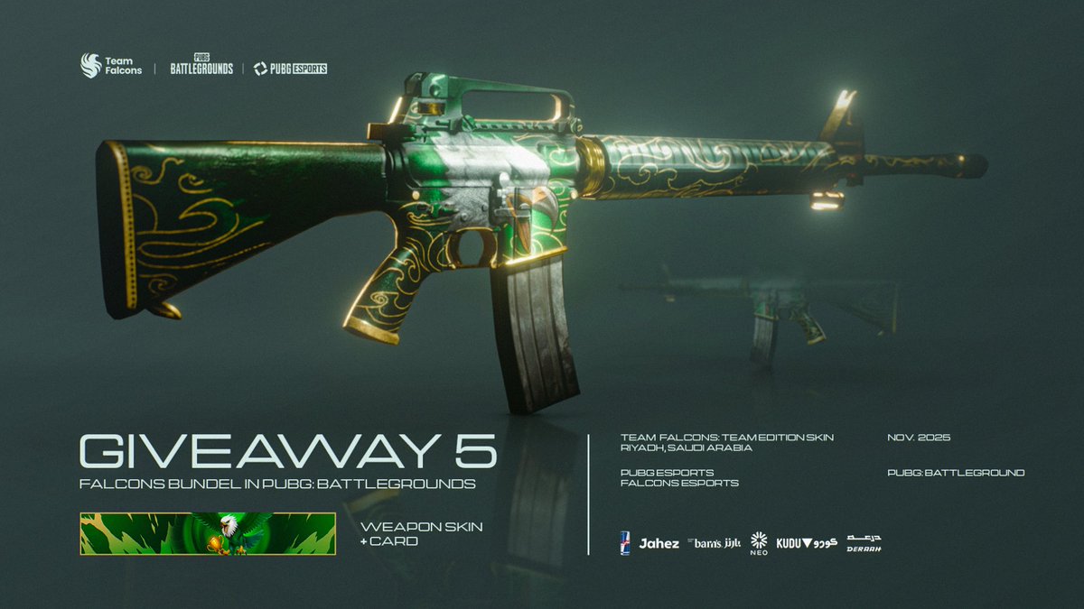 Not everyone can wear the wings. 🦅

We’re giving away the Falcons Skin in PUBG: Battlegrounds to 5 lucky winners! 🔥

1️⃣ Follow <a href="/FalconsEsport/">Falcons Esports</a> &amp; <a href="/PUBGEsports/">PUBG Esports</a> 
2️⃣ Retweet this post

The bundle is available until November 20. Grab yours now 💚

#FalconsAreHere - #PUBGEsports