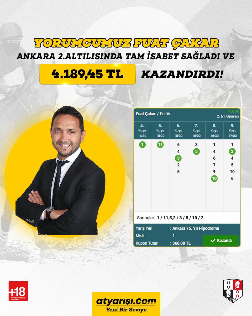 Yorumcumuz Fuat Çakar (<a href="/FuatCakar796/">Fuat çakar</a>) Ankara 2. Altılısında tam isabet sağladı ve 4.189,45 TL KAZANDIRDI!
