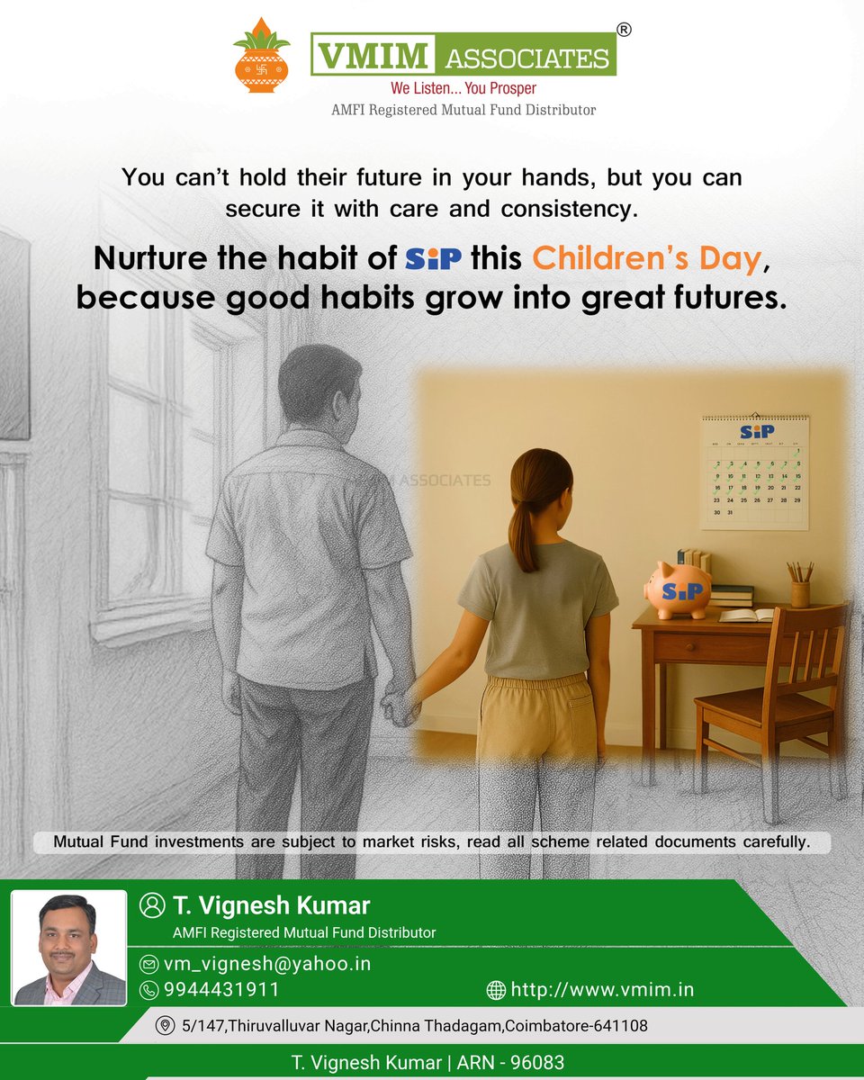 vigneshvmim's tweet photo. 🌈 Nurture the Habit of SIP this #ChildrensDay 🌈
As parents, we dream of giving our children the best future — filled with opportunities &amp; stability

Start a SIP today — not just to invest money, but to build discipline, patience &amp; long-term vision

Stay INVESTED...With GUIDANCE https://t.co/beTs4n3Fem