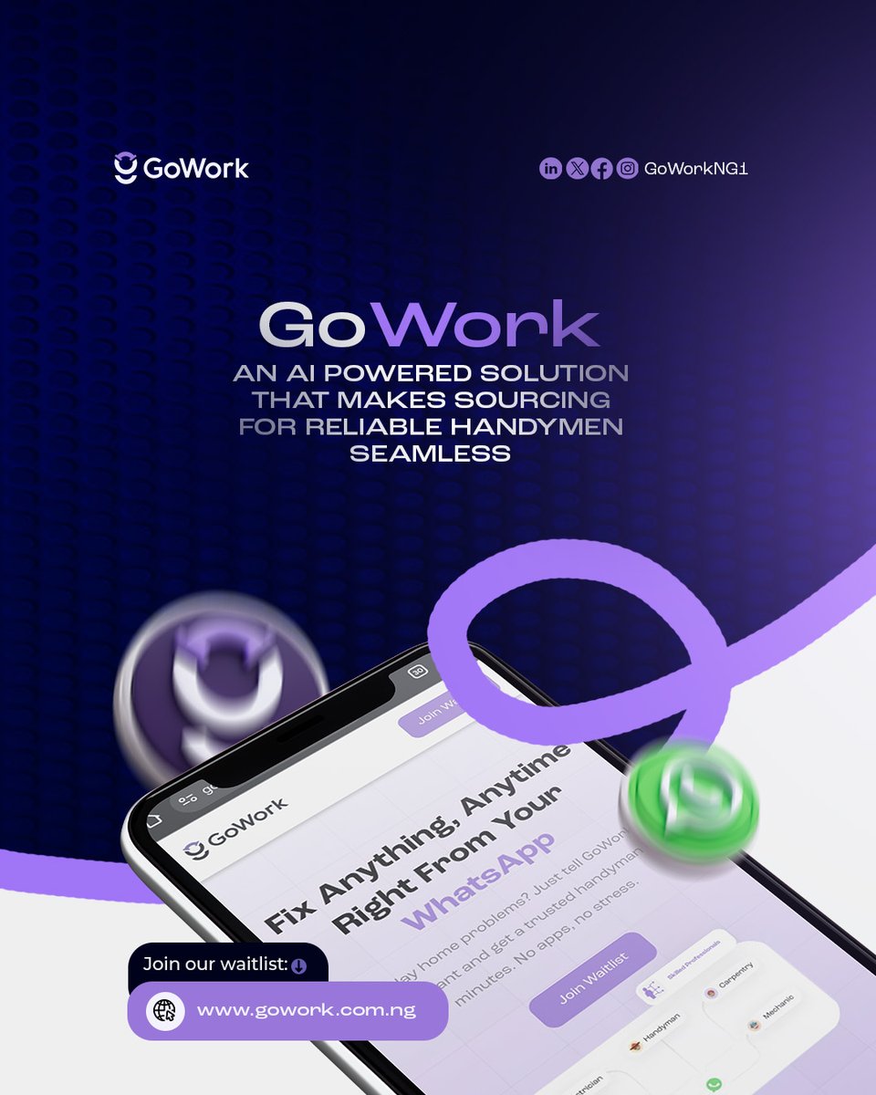 GoWorkNG1's tweet image. Fixing your home just got smart!

GoWork is an AI-powered solution making reliable handyman sourcing seamless. Fix Anything, Anytime, Right From Your WhatsApp.

Join the waitlist! ➡️ 

#GoWork #AIPowered #SeamlessService #Handyman #WhatsApp #Tech