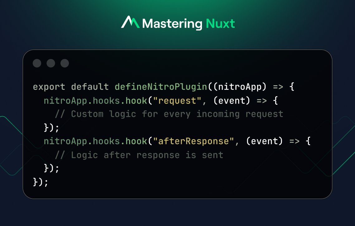 MasteringNuxt's tweet image. When working with @nuxt_js, the `nitroApp` object inside plugins gives you access to various runtime hooks like `close`, `error`, `render:response`, `request`, `beforeResponse`, &amp;amp; `afterResponse`.

It&apos;s perfect for running custom logic at different stages of the server lifecycle.