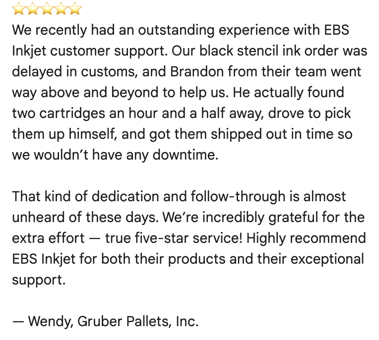 We love to see it! At EBS, we strive to deliver excellent customer service and a personal touch that you just can't get elsewhere. Thank you for the incredible Google review, Wendy! We've loved working with you all at <a href="/gruberpallets/">Gruber Pallets</a> !