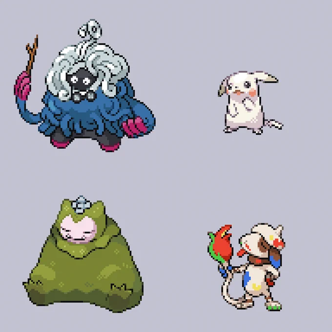 #ぽこポケ #ぽこあポケモン #pixelart モジャンボ(はかせ)・ピカチュウ(うすいろ)・カビゴン(こけむし)・ドーブル(ペインター)。