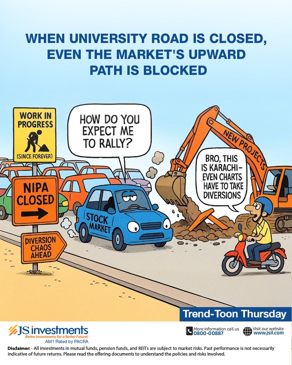 JSInvestment's tweet image. Toon Thursdays
When Karachi’s traffic freezes, even market volume can’t show up on time.

📉 “Market activity running late—caught behind the city’s endless traffic.”
🚦 “With roads at a standstill, volume isn’t making it before the closing bell.”

Because in this city, even…