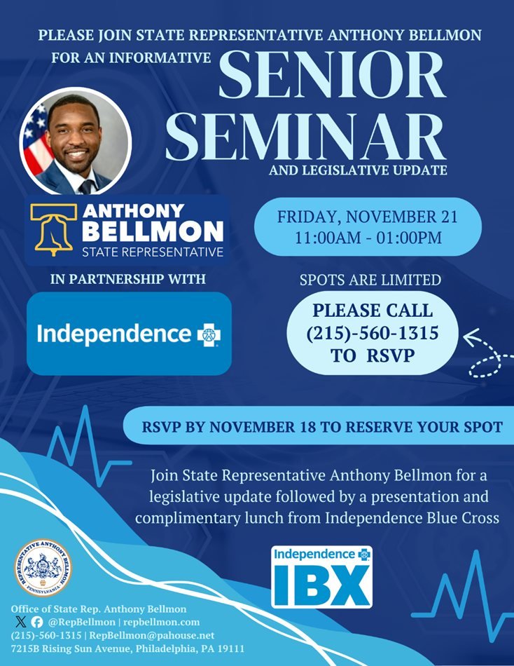 RepBellmon's tweet image. Seniors, I invite you to join me one week from tomorrow for a senior seminar at Oasis Manor Senior Housing Apartments, located at 7040 Oxford Avenue, Philadelphia, PA 19111. Come by to learn about state government programs and services that can help you. Call my office to RSVP.