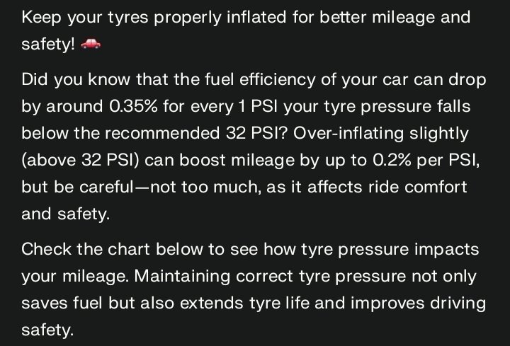 tw_prc's tweet photo. How does the mileage vary with change in tryre pressure for an average car in India? Here's the answer 👇

#CarTips #FuelEfficiency #TyrePressure #IndiaCars #SaveFuel https://t.co/UVgiDRr1GY