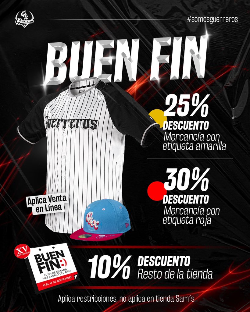 ¡EL BUEN FIN se pone bélico! ⚾️🔥
Llegó el momento de lucir como todo un Guerrero de Oaxaca. ⚔️

#SomosGuerreros #GuerrerosStore