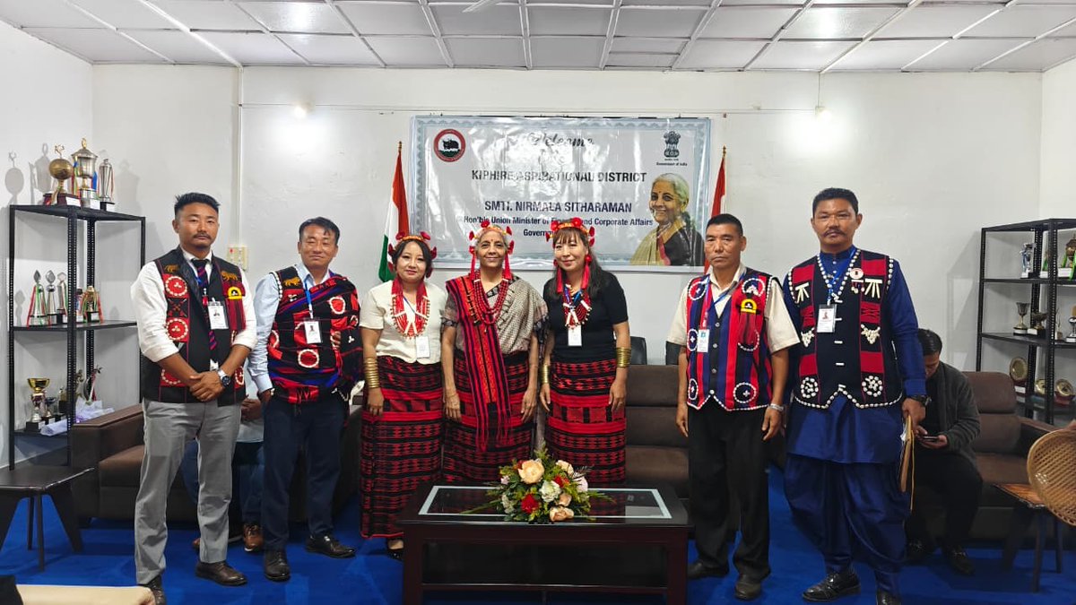 nsitharamanoffc's tweet photo. Smt @nsitharaman interacts with the leaders of the four tribes of Kiphire district, namely, Sangtam, Sumi, Tikhir and Yimkhiung.

Sangtam Tribe is one of the major inhabitants of the district. With Mungmung as its main festival, the tribe remains rooted in its ancestral beliefs of garnering the practices of rituals such as hosting a dinner for their in-laws, as a sign of gratitude, to mark the jubilation of the festival.

Sumi Tribe mainly inhabits the Seyochung and Sitimi areas, contributing to the multi-ethnic nature of the district. Their major festival is Tuluni, celebrated annually around the second week of July. 

Tikhir Tribe, although relatively small in number, is rich in culture and history. It was officially recognized as a separate tribe by the Government of Nagaland in 2022, marking their historic participation during the majestic Hornbill Festival in the following year. Their main festival is the Tsonglaknyi, celebrated in the month of October.

Yimkhiung Tribe inhabits the major portion of Pungro circle. Their major festival is Metemnyu, celebrated annually in the month of August. The Yimkhiung community has contributed significantly to the preservation of flora and fauna of the region.