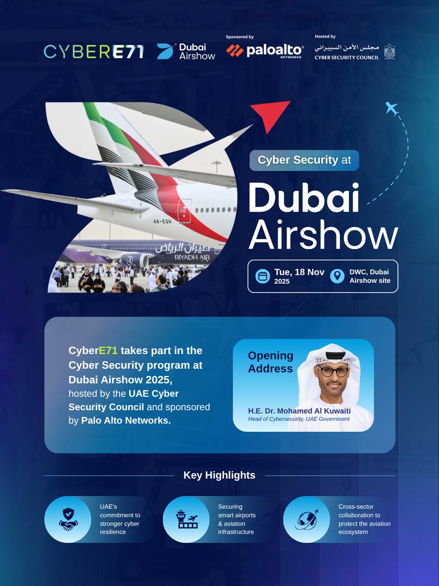 CyberE71's tweet image. CyberE71 joins the Cyber Security Program at #DubaiAirshow2025, hosted by the UAE Cyber Security Council &amp;amp; sponsored by Palo Alto Networks. The session explores “AI &amp;amp; Aviation” and includes a live tabletop exercise on real-world cybersecurity scenarios.