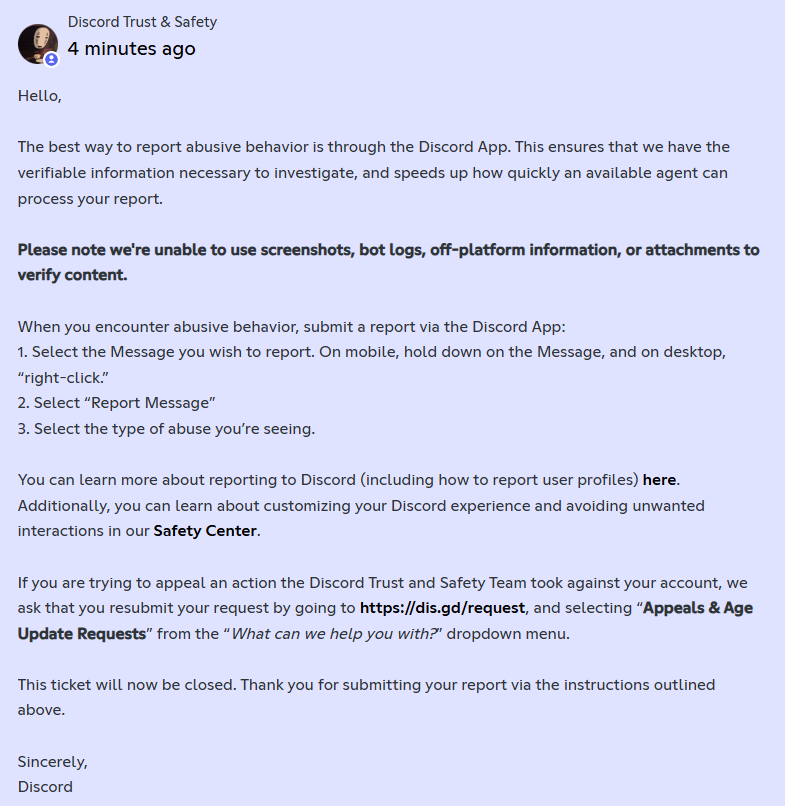 LegionKillfeed's tweet photo. @discord @discord_support 
After my last barrage of tweets you magically slap “Solved” on my case, touch one ticket, and leave the others untouched.
#61771054 and #61465755 are still sitting there with zero real response. That is not Trust &amp; Safety, that is inbox housekeeping. https://t.co/XXlxpPys10