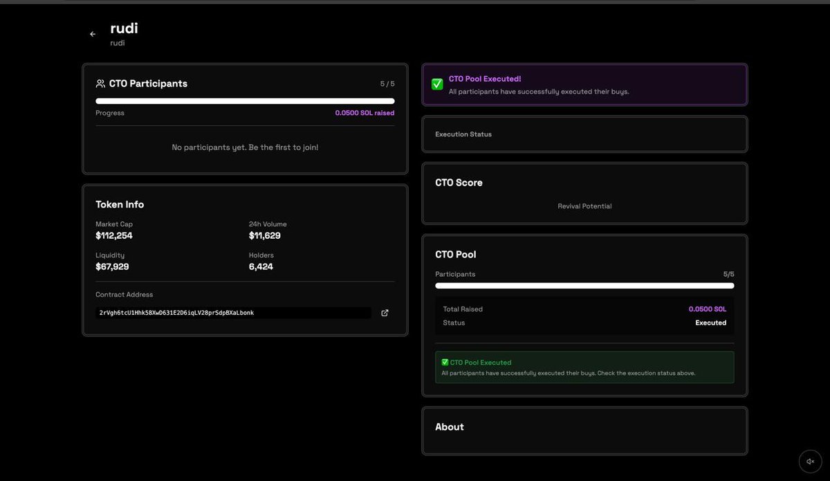 We just successfully executed a full CTO on $RUDI via WakeUp.

Pool filled with 5 participants

After the 5th confirmation, the CTO group chat was auto-created

All 5 wallets were added instantly and people started chatting inside the room right away

So the full flow is now