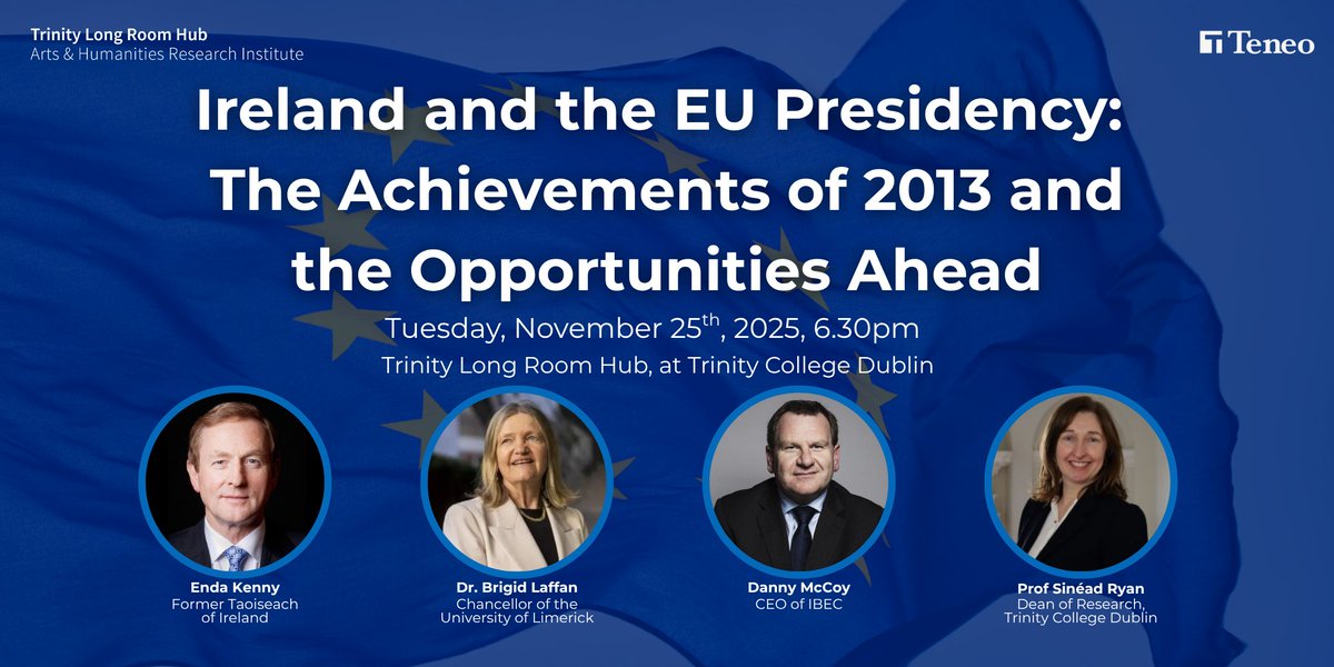 TLRHub's tweet image. Ireland takes on the Presidency of the Council of the EU in July 2026.

Join us on 25 Nov at 6:30pm as we reflect on the 2013 presidency and discuss the opportunities and challenges that lie ahead.

Register now: eventbrite.com/e/ireland-and-…

#EUPresidency #HubMatters