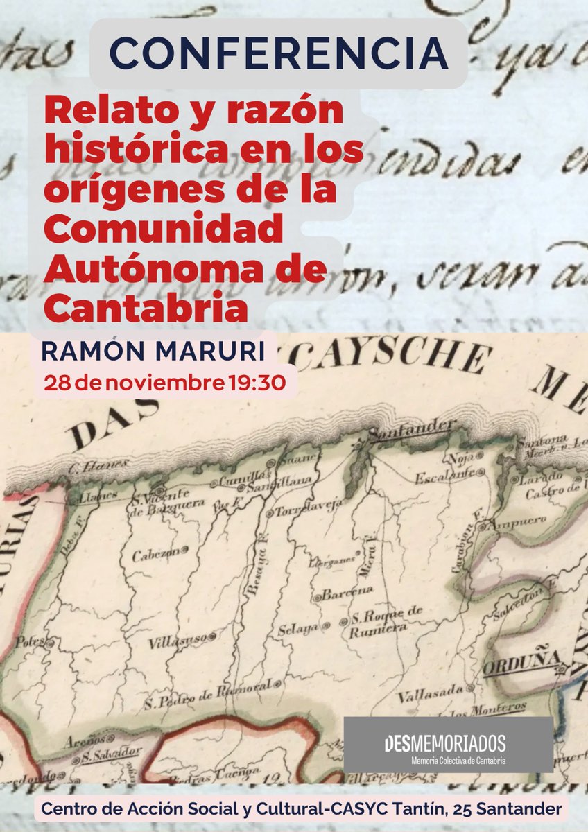 Avance: actividad de la proxima semana
 Ramón Maruri dará una conferencia titulada Relato y razón histórica en los orígenes de la Comunidad Autónoma de Cantabria. La actividad, presentada por <a href="/Desmemoriados_/">Desmemoriados</a>, tendrá lugar en el Centro Social y Cultural CASYC. No se lo pierdan.