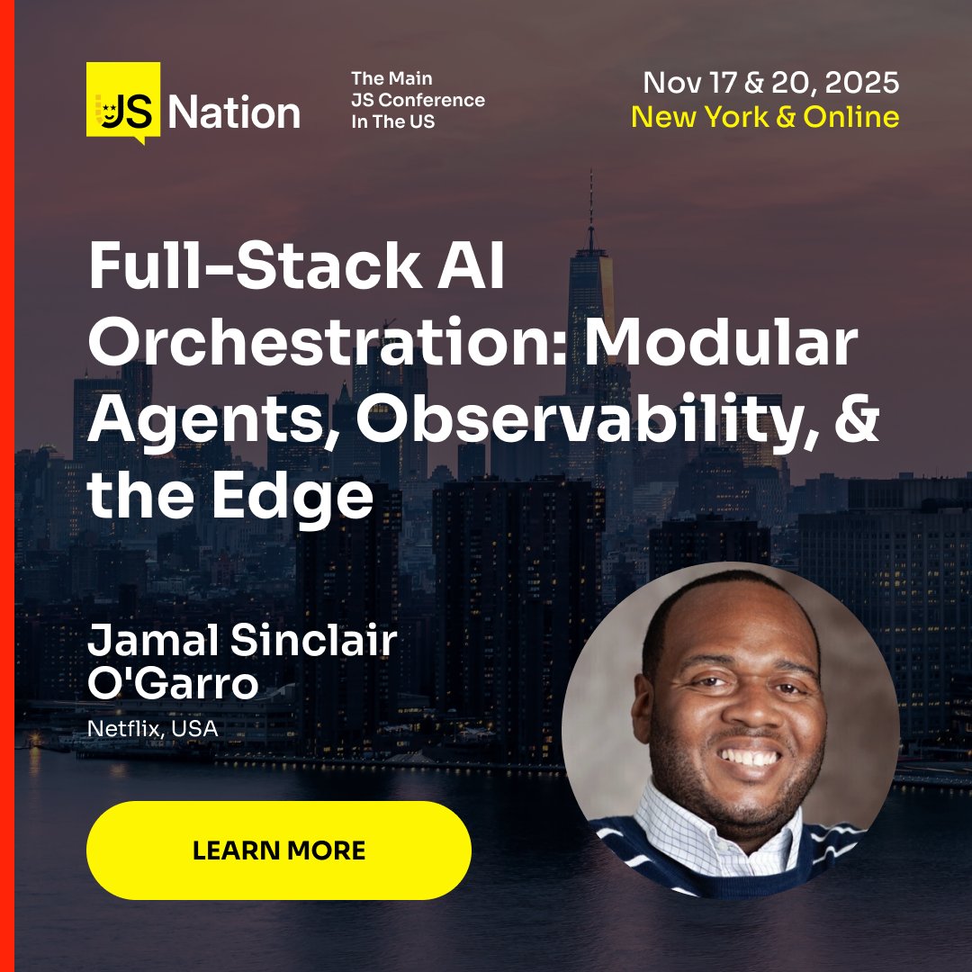 🧩Enterprise AI ≠ just LLMs - it’s orchestration.

<a href="/jsogarro/">J. Sinclair O'Garro</a> from <a href="/netflix/">Netflix</a> reveals how <a href="/langgraphai/">LangGraph</a> brings modular, observable AI systems to life - from data center to edge.

🌐Join the session at JSNation US, Nov 17 &amp; 20: jsnation.us