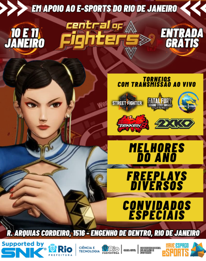 Central of Fighters - Central Awards
Hora: 11hr
Local: Arena Gamer do Engenhão
Entrada: Grátis para os dois dias
10/01 - Classificatórias dos torneios + freeplays + transmissão ao vivo
11/01 - Melhores de 2025 do RJ + Grand Finals de cada torneio + Freeplays
#fgc