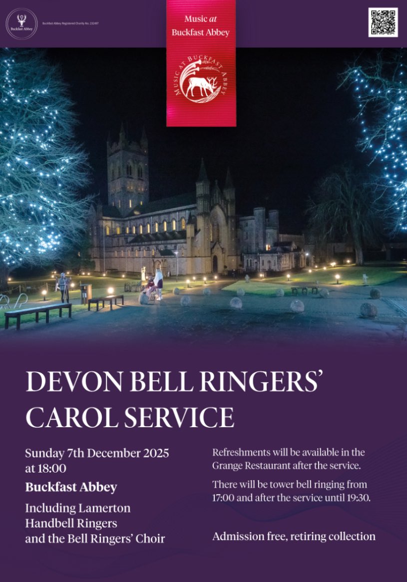 DevonBells's tweet image. Magical festive event for all Devon ringers!  

📍Buckfast Abbey
🗓️Sunday 7th December 2025
⏰ 6pm
🔔 From 5pm, and until 7.30pm after the service

🔔🔔🔔🔔🔔🔔🔔🔔🔔🔔🔔🔔
