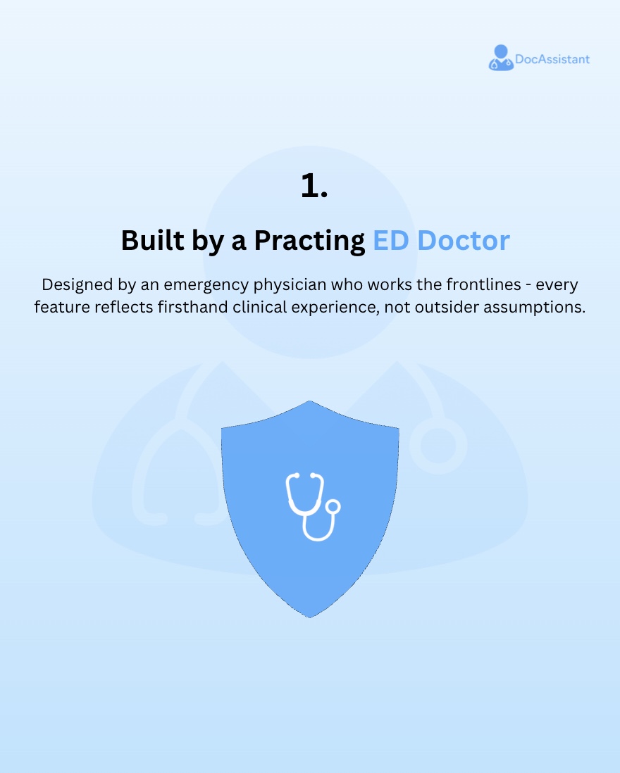 DocAssistant_ai's tweet image. DocAssistant AI is trusted by clinicians because it’s built with real ED experience. Every feature is designed to support fast, accurate care in high-acuity environments.