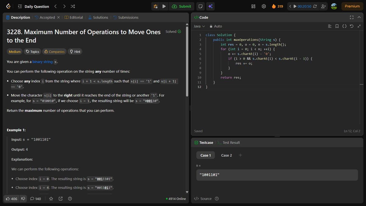 🚀 Day 86 of #LeetCode Challenge!
💡 Problem: Maximum Number of Operations to Move Ones to the End

#LeetCode #100DaysOfCode #CodingChallenge #Java #ProblemSolving #DSA #CodeEveryday #LearnByDoing #keepcoding #LeetCode #100Days100Ways