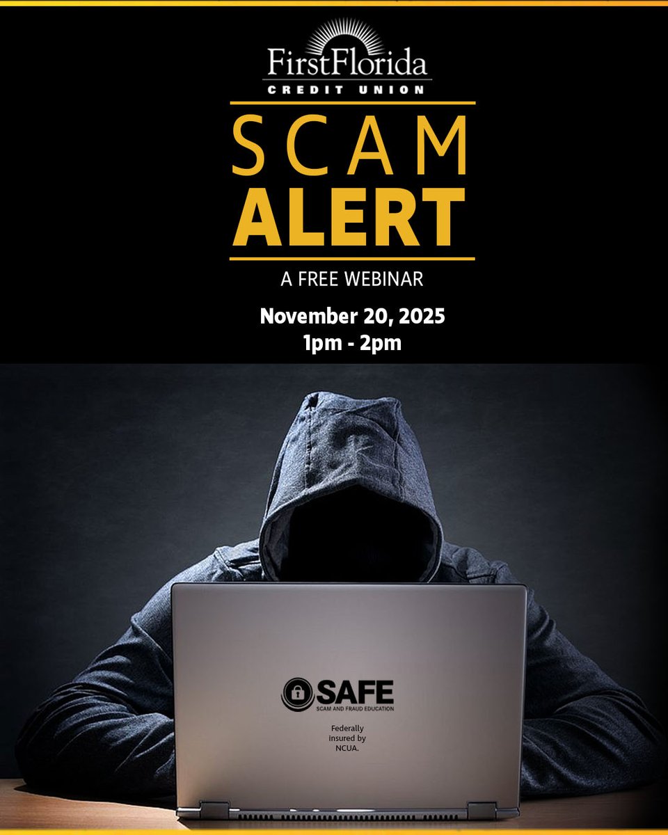 Scams spike during the holidays - don’t let criminals steal your joy! Join our free Scam &amp; Fraud Webinar, 11/20 at 1pm:  bit.ly/3WA2Tue.

Learn about:
🔍 Common scam tactics
🛡️ Staying safe
🚨 Reporting fraud

#FraudPrevention #FFCUcares 
#KeepingMembersSAFE