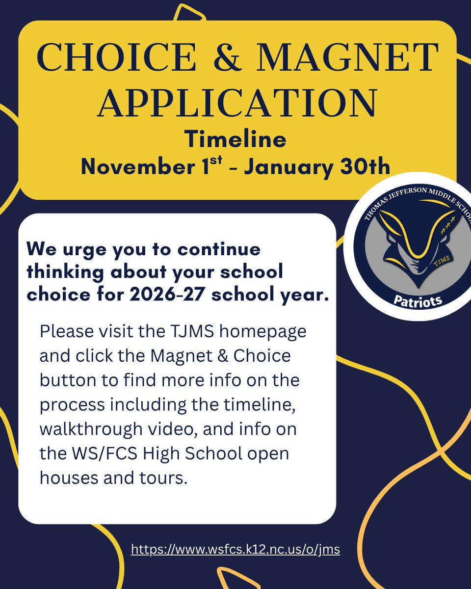 TJeffersonMS's tweet image. The choice &amp;amp; magnet application period is now. Visit wsfcs.k12.nc.us/o/jms &amp;amp; click the choice/magnet button on the homepage to learn more about the process. Our RISING 6th GRADE OPEN HOUSE is 12/2 @ 6 pm. W are excited to share all that TJMS has to offer. #TJMSPatriots