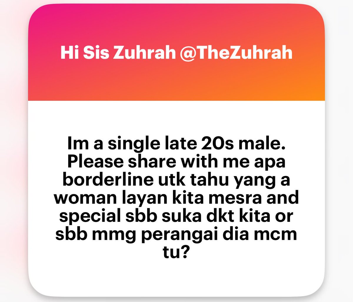 zuhrahx's tweet photo. Single late-20s Male
Macam mana nak tahu perempuan tu suka seseorang lelaki atau dia memang mesra dengan semua orang?
#AskLadies https://t.co/Hdha4Do2Ag