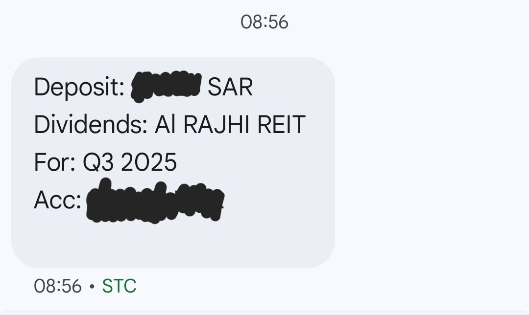 📍وصلت صباح اليوم توزيعات الراجحي ريت للربع الثالث، على الراجحي كابيتال

📍مقدارها 0.13 ريال للسهم
يعني لو حافظ على نفس رتم التوزيع سيصبح عائد التوزيع السنوي على السعر الحالي 6.3%

📍صناديق الريت لا تخرج الزكاة لكن الوعاء الزكوي صغير فغالبا بتكون الزكاة تقريبا 0.3% من القيمة