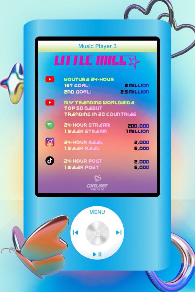 GirlsetGlobal's tweet image. #GIRLSET “Little Miss” Comeback Goals 🩷

Here are the goals for GIRLSET’s 2nd single ‘Little Miss’. Please use this as guide or reference.

🌍 Global Release: 2025.11.14 FRI 0AM ET

#GIRLSET #LittleMiss @GIRLSETofficial