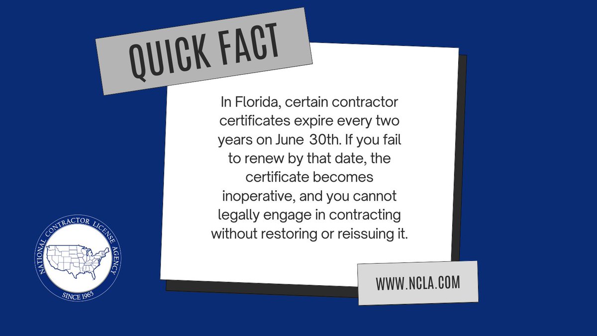 License_Agency's tweet image. #QuickFact: In Florida, certain contractor certificates expire every 2 yrs on June 30. If you fail to renew by date, the certificate becomes inoperative &amp;amp; cannot legally engage in contracting unless you restore or reissue it in accordance w/ the law.
bit.ly/4i8hWoP