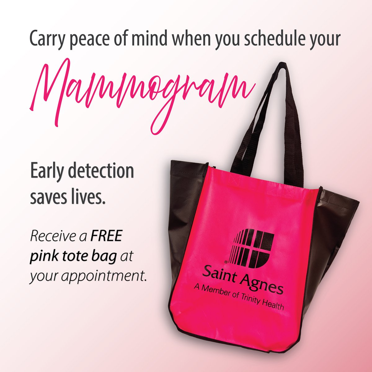 Carry peace of mind and take a step toward early detection. 🩷 Schedule your #screening #mammogram and get a FREE Saint Agnes pink tote bag at your appointment. Early detection saves lives. Schedule yours now: bit.ly/43aFbIz