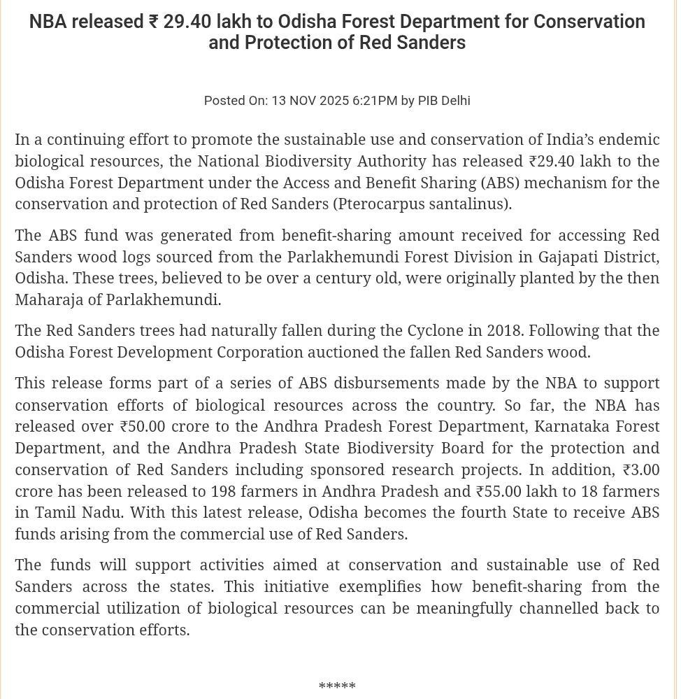 AIRNewsHindi's tweet photo. राष्ट्रीय जैव विविधता प्राधिकरण (#NBA) ने #RedSanders के संरक्षण और सुरक्षा के लिए ओडिशा वन विभाग को 29 लाख रुपये से अधिक की धनराशि जारी की है। यह धनराशि ओडिशा के पारलाखेमुंडी वन प्रभाग से प्राप्त लाल चंदन की लकड़ी के लट्ठों तक पहुँच के लिए प्राप्त लाभ-साझाकरण से उत्पन्न हुई है। https://t.co/4vLRwoSRHM