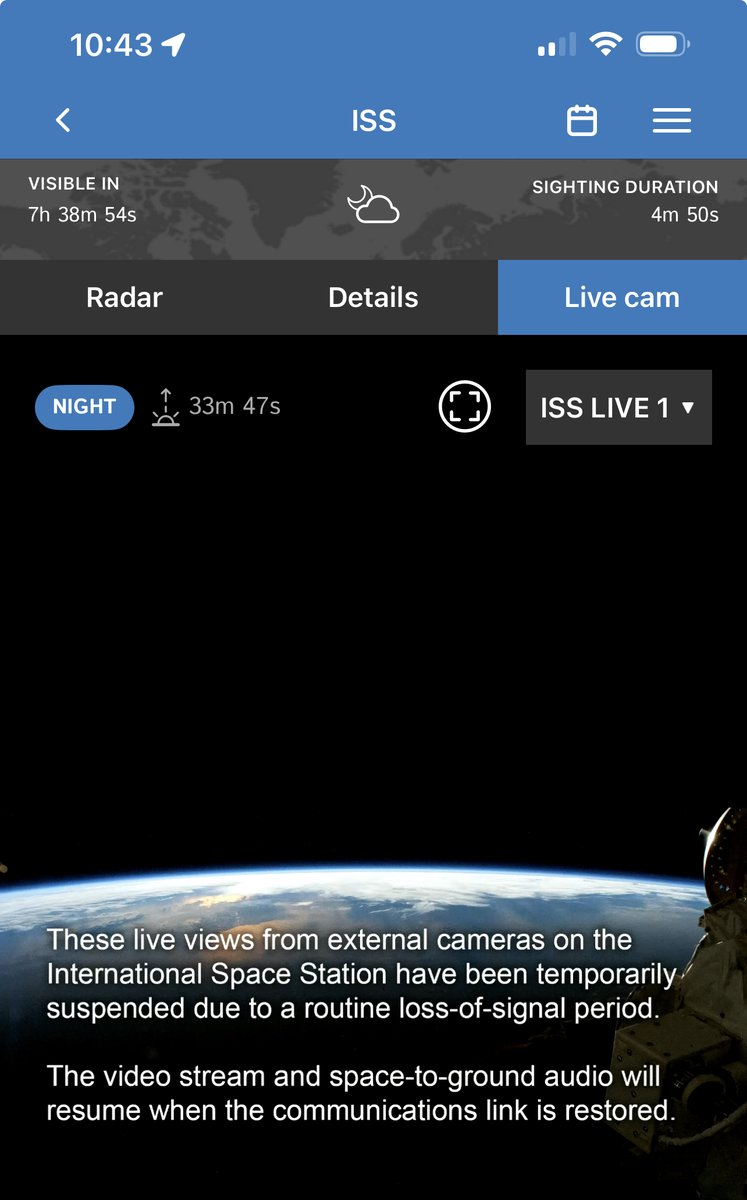 revscottd's tweet image. Serious question for those who know: With our current level of technology, why do we still experience a &quot;routine loss of signal period&quot;? I saw the ISS flyover last night, and it was pretty cool, but I thought a look through their eyes would be cooler.