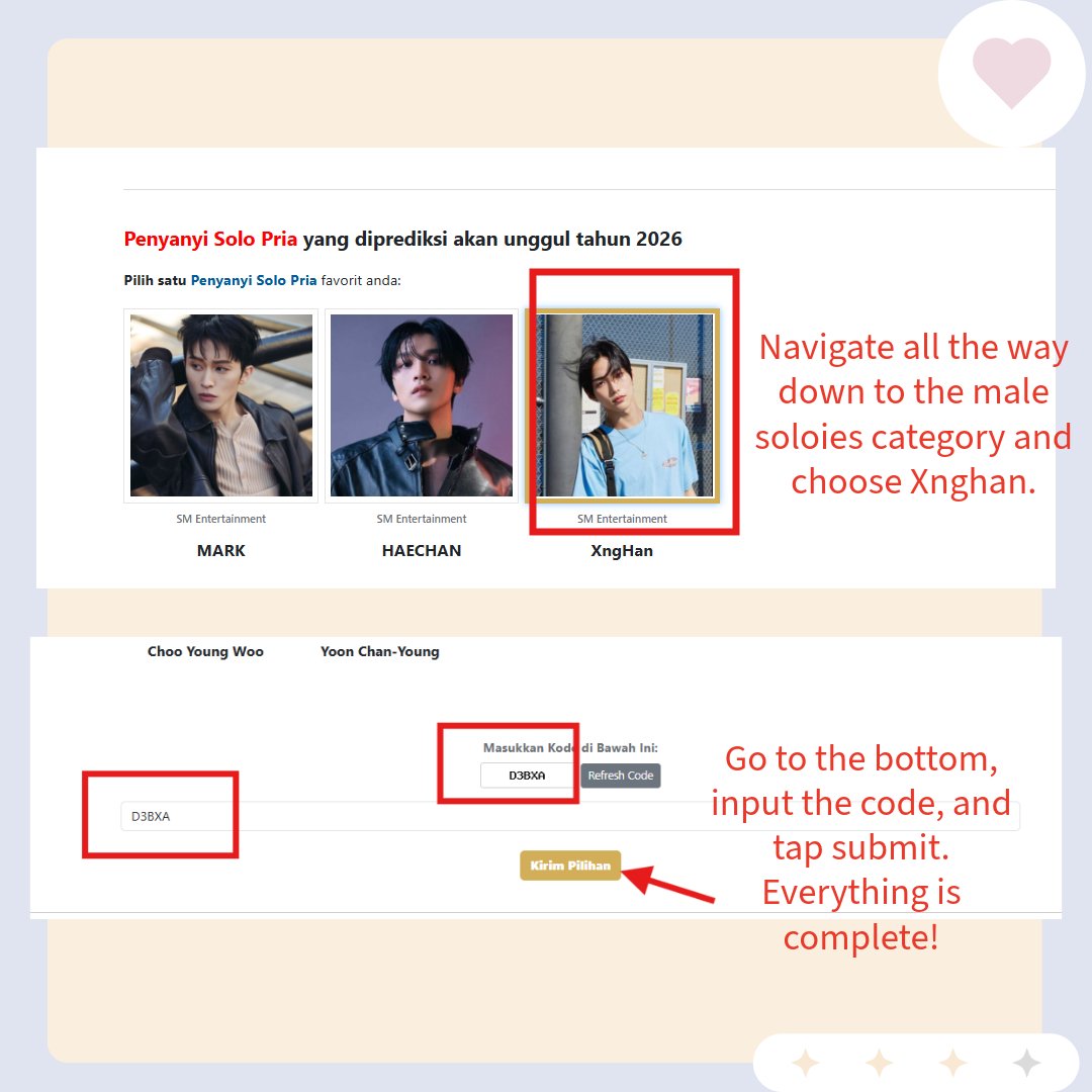 Seunghan_USA's tweet image. Hi everyone, XngHan is nominated on 2026 Korea First Brand Awards K-Pop Male Solo Artist category (Indonesia).  

Voting period is until November 16th, 23:59KST.  
Vote here : koreafirstbrandawards.kompas.id

See the voting guide and cast your votes. It&apos;s very easy.