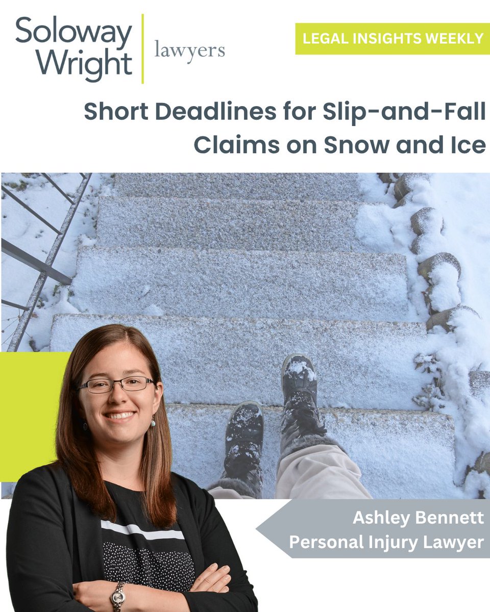 solowaywright's tweet image. Slip-and-fall on snow or ice? Act fast! In Ontario, you have 60 days to give written notice for private/commercial property or just 10 days for municipal sidewalks. Missing deadlines can block your claim. Contact: solowaywright.com/lawyer/ashley-… 
#SlipAndFall #SolowayWright