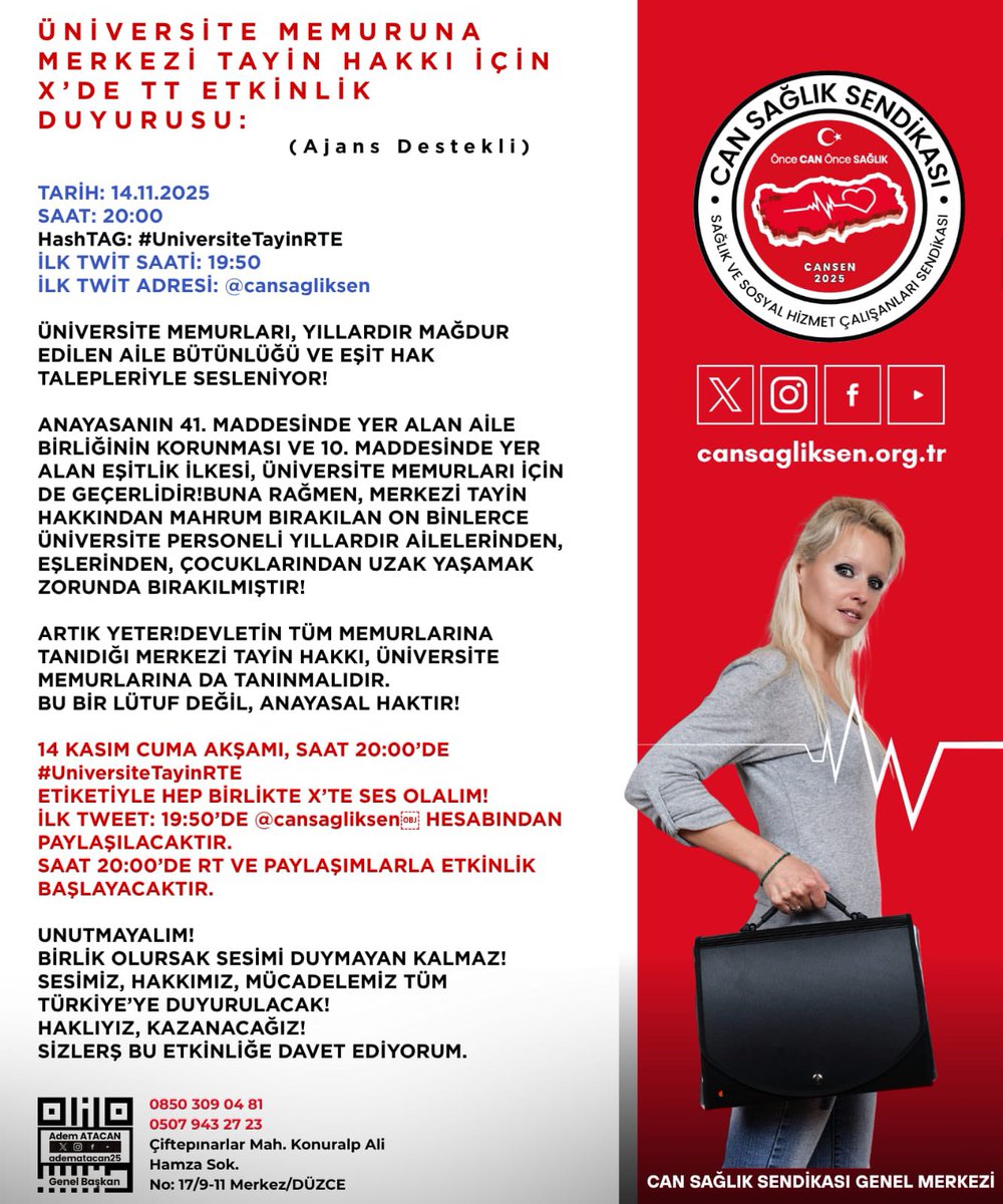 📢 ÜNİVERSİTE MEMURLARI HAKKINI İSTİYOR!
Yıllardır merkezi tayin hakkı dışında bırakılan üniversite personelleri artık sesini yükseltiyor!

👨‍👩‍👧 Aile birliğini korumak,
⚖️ Eşitlik ilkesini savunmak,
ve Anayasal haklarımızı hatırlatmak için bir aradayız!

14 KASIM CUMA AKŞAMI SAAT