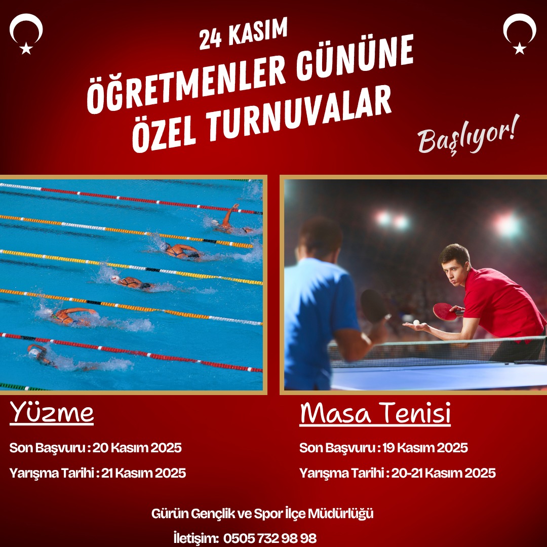 🇹🇷 24 Kasım Öğretmenler Günü’ne Özel Turnuvalar Başlıyor

24 Kasım Öğretmenler Günü dolayısıyla, öğretmenlerimize özel olarak düzenlenen Masa Tenisi ve Yüzme Turnuvaları başlıyor.

Bu kapsamda ilçemizde görev yapan tüm öğretmenlerimizin katılımını bekliyoruz.