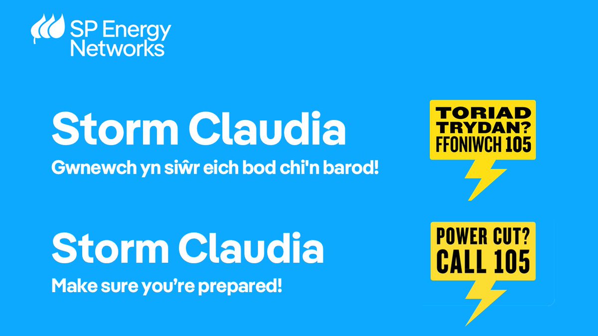 SPEnergyNetwork's tweet photo. 🌧️Storm Claudia – Be Prepared

Yellow weather warnings in place for parts of England &amp; Wales.

Our teams are ready to respond to any disruption.

⚡ Save 105 to report power cuts
🔦 Keep a torch handy
🔋 Charge devices

More: https://t.co/PeGOda43G4

#SPEnergyNetworks https://t.co/ALBD9nQ70B
