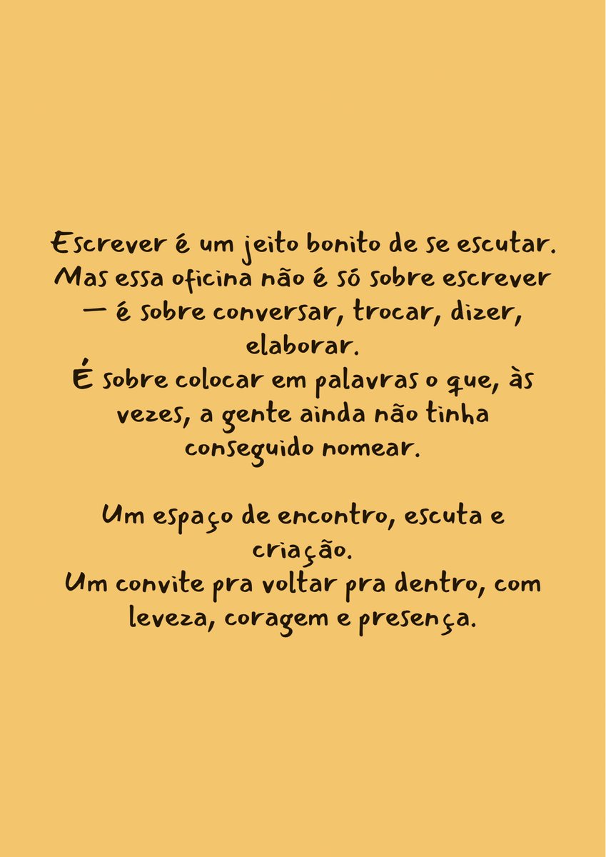 Escrever é um jeito bonito de se escutar.
Mas essa oficina não é só sobre escrever — é sobre conversar, trocar, dizer, elaborar.
É sobre colocar em palavras o que, às vezes, a gente ainda não tinha conseguido nomear.

sympla.com.br/evento-online/…

#escrita #escritacriativa #oficina