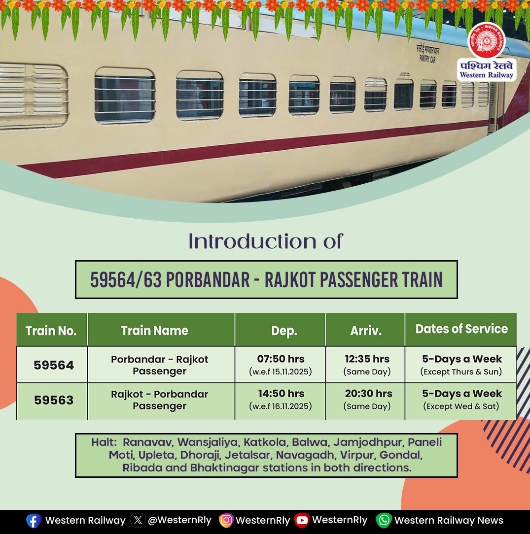 Introduction of Train Nos. 59564/63 Porbandar - Rajkot Passenger for the convenience of passengers and to meet the travel demand. 

The journey for Train No. 59564 ex. Porbandar will commence w.e.f. 15.11.2025 and Train No. 59563 ex. Rajkot will commence w.e.f. 16.11.2025.