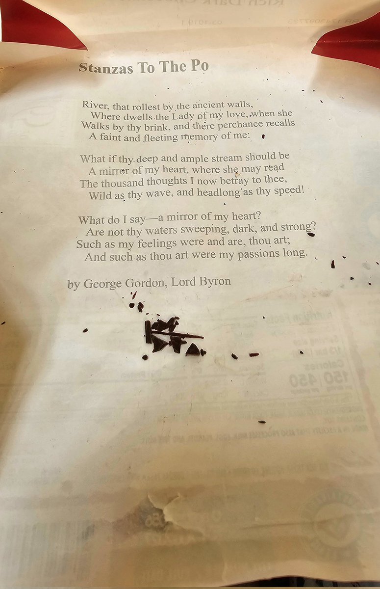 Coffeehudigi's tweet image. Today's serendipity!!
Friend got a chocolate and I found a poem inside the wrapper!
"Stanzas To The Po" 
Dark chocolate was delight and the discovery of this poem is delightful !!
#serendipity #day13